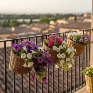 Hängende gartendeko weide körbe am Balkon befestigt