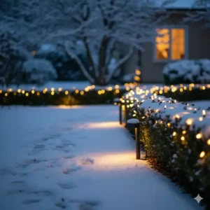 Ein beleuchteter Weg mit Bodenleuchten als Gartendeko Weihnachten Lichter-Führung.