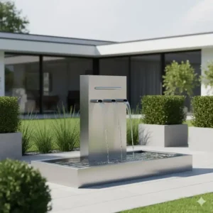 Moderner, hoher Standbrunnen aus Stein für den Garten, attraktive Gartendeko Brunnen Outdoor Gestaltung.