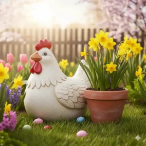 Dekorative Osterhuhn Gartendeko Ostern Figuren aus Holz neben einem Blumentopf.