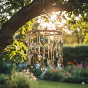 Klangvolles DIY Windspiel aus altem Besteck, eine charmante Gartendeko nachhaltig und kreativ.