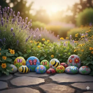 Fröhliche, bemalte Steine als Akzente im Beet, eine einfache Gartendeko nachhaltig selbstgemacht.