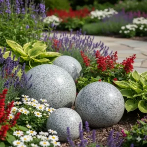 Dekorative Steinkugeln aus grauem Granit, perfekte frostfeste gartendeko stein natur für Beete und Rasenflächen.