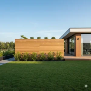 Gartendeko Holz modern: Eleganter Sichtschutz aus hellem, horizontalem Holz