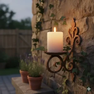 Rustikale schmiedeeiserne Wandleuchte als Gartendeko Kerzenhalter Outdoor an einer Steinmauer mit Efeu.