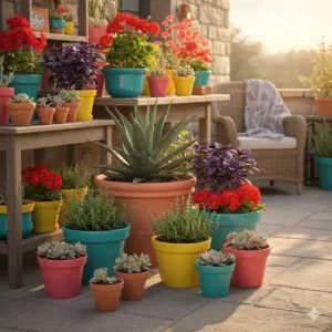 Farbenfrohe Gartendeko Sommer Ideen: Sammlung bemalter Töpfe mit Sukkulenten und Kräutern.