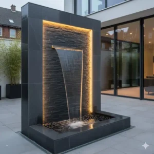 Vertikaler Gartendeko Wasserfall Garten als moderne Wanddekoration auf der Terrasse.