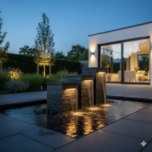 Stimmungsvolle gartendeko wasserspiel modern mit integrierter, weißer LED-Beleuchtung.