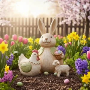 Rustikale Holz Gartendeko Ostern Figuren als witterungsbeständige Dekoration.
