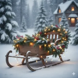 Rustikaler Holzschlitten, geschmückt als traditionelle gartendeko winter deko.