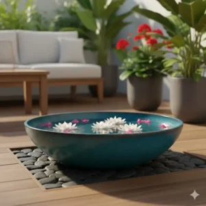 Glasierte Keramik Gartendeko Wasserschale auf der Terrasse.