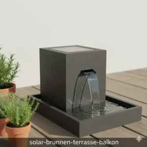 	Kleiner, moderner Solar-Brunnen für Terrasse und Balkon.