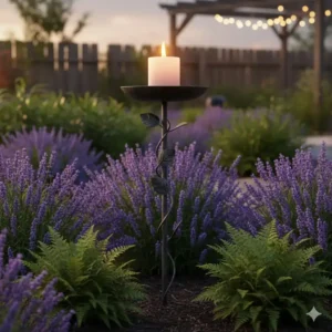 Dekorativer Gartenstecker mit Kerze als Gartendeko Kerzenhalter Outdoor inmitten blühender Lavendelsträucher.