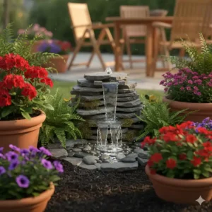Entspannende Gartendeko Sommer Ideen: Kleiner Natursteinbrunnen als erfrischendes Wasserspiel.