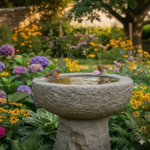 Ein kleiner Vogel am Rand des gartendeko vogelbad stein.