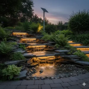 Beleuchteter Gartendeko Wasserfall Garten mit Solarpaneel für nachhaltige Beleuchtung.