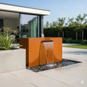 Rostfarbene gartendeko wasserspiel modern aus Cortenstahl mit minimalistischem Design.
