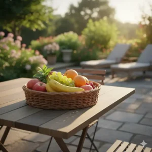 Flache gartendeko weide körbe auf einem Terrassentisch