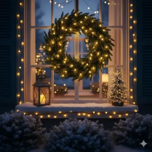 Ein beleuchteter Türkranz kombiniert mit Gartendeko Weihnachten Lichter an der Eingangstür.
