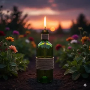 Stimmungsvolle Gartenfackel aus einer Weinflasche, eine upcycling Gartendeko nachhaltig für gemütliche Abende.