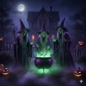 Gruppe von Hexen mit dampfendem Kessel als gruselige gartendeko halloween figuren Szene.