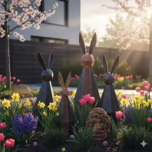 Moderne Metall Gartendeko Ostern Figuren in Form von Hasen und Eiern im Vorgarten.