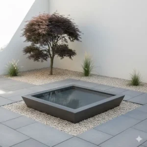 Flache, quadratische moderne Gartendeko Wasserschale.