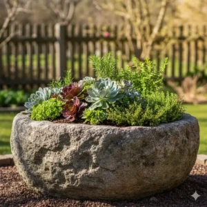 Robuster, rustikaler Pflanztrog (Steintrog) aus Naturstein: Funktionale gartendeko stein natur für Sukkulenten oder Kräuter.