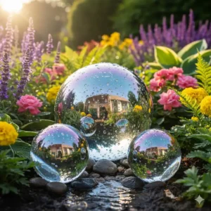 Ein Set von kleinen gartendeko wasser kugeln dekoriert ein Blumenbeet.