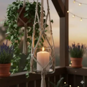 Boho-Stil Makramee-Hängeampel mit Kerze als Gartendeko Kerzenhalter Outdoor auf einem Balkon.