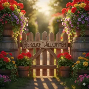 Rustikale Gartendeko Sommer Ideen: Holzelemente mit Willkommensschild und Sommerblumen.