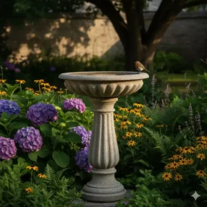 Klassisches gartendeko vogelbad stein auf einem robusten Sockel.
