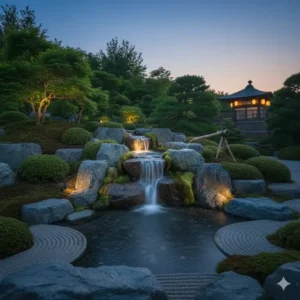 Beruhigender Gartendeko Wasserfall Garten im Zen-Stil mit traditionellen Elementen.