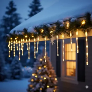 Gartendeko Weihnachten Lichter-Kette in Eiszapfen-Optik am Dachvorsprung.