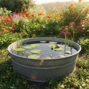 Idyllischer Mini-Teich in einer alten Zinkwanne, eine kleine Gartendeko nachhaltig als Oase für Insekten.