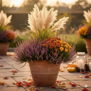 Schönes Pflanzen-Arrangement mit Heidekraut und Ziergräsern – wunderbare Gartendeko Herbst Ideen.