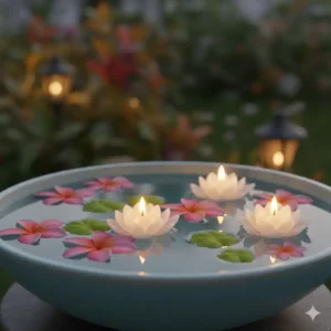 Gartendeko Wasserschale mit Schwimmkerzen und Blüten.