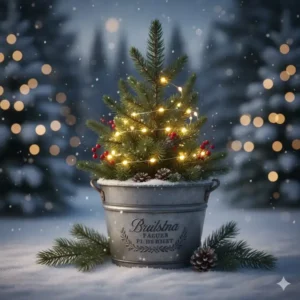 Kleiner Tannenwald in einem Zinkkübel als charmante gartendeko winter deko.