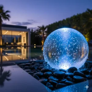 Leuchtende Acryl gartendeko wasser kugeln am Rand eines Schwimmbeckens.