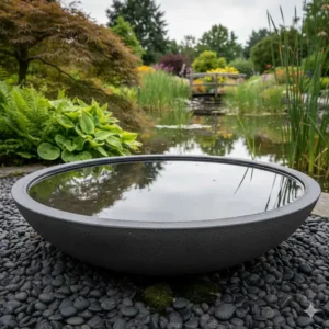 Bodentiefe große Gartendeko Wasserschale am Teichrand.