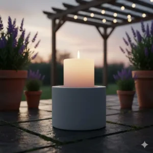 Moderner Beton-Kerzenhalter als Gartendeko Kerzenhalter Outdoor auf einer Terrasse umgeben von Topfpflanzen.