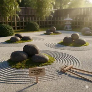Ein meditativer Zen-Garten mit geharktem Sand und sorgfältig platzierten runden Gartendeko Kieselsteine.