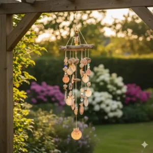 Dekorative Gartendeko Sommer Ideen: Ein Windspiel aus Muscheln, das im Wind klingt.