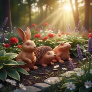 Eine Gruppe kleiner Tierfiguren (Hase, Frosch, Igel), die beliebte gartendeko terrakotta figuren sind.
