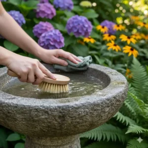 Reinigung des gartendeko vogelbad stein für hygienische Nutzung.