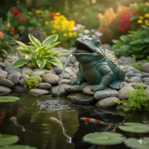 Spielerischer Gartendeko Wasserfall Garten mit einem Frosch-Wasserspeier am Teich.