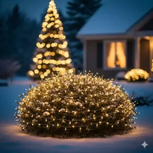 Busch und Sträucher umhüllt von einem Gartendeko Weihnachten Lichter-Netz.