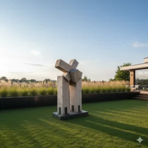 Abstrakte Holzskulptur (Windspiel) als moderne Gartendeko im Trend