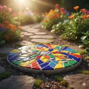 Künstlerischer Trittstein als Mosaik aus Fliesenresten, eine bunte Gartendeko nachhaltig aus wiederverwendeten Materialien.