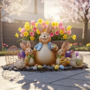 Attraktives Arrangement von bunten Gartendeko Ostern Figuren auf einer Terrasse.